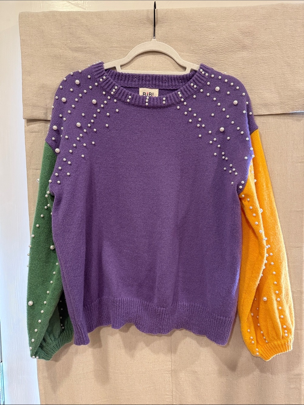 BiBi Purple Sweater with Green and Yellow Colorblock Pearl Embellishments